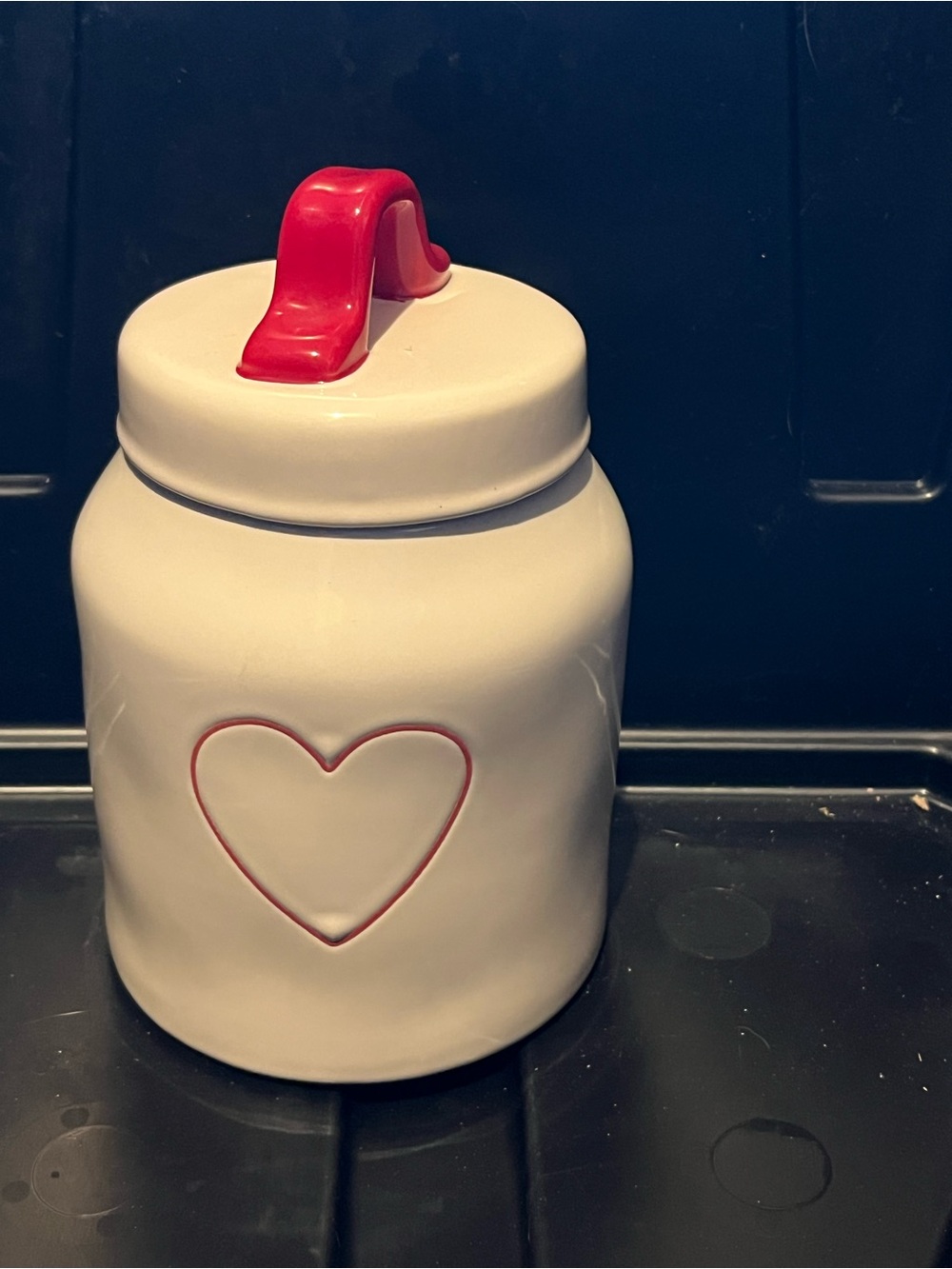 Rae Dunn White Ceramic Heart Canister with Red Handle
